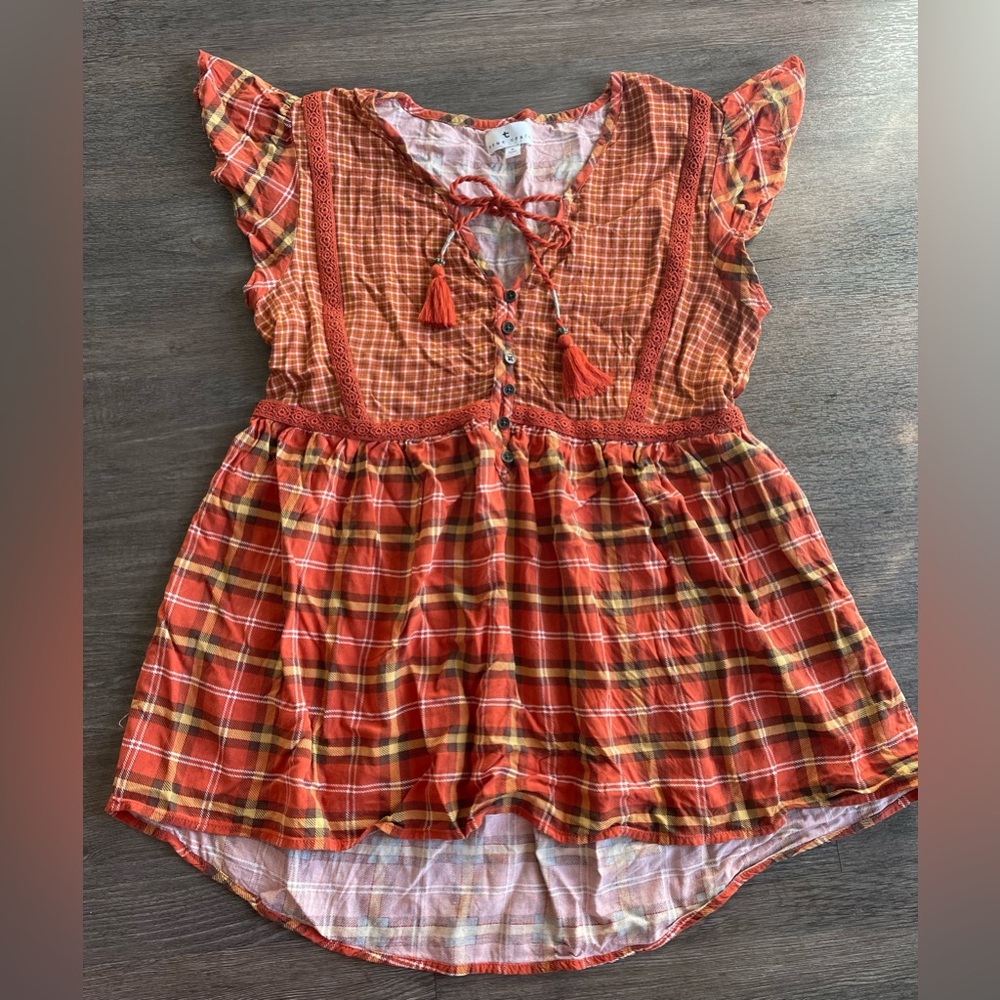 True Craft Plaid Orange Women's Top Size Small Babydoll Tassel Ruffle Fall
